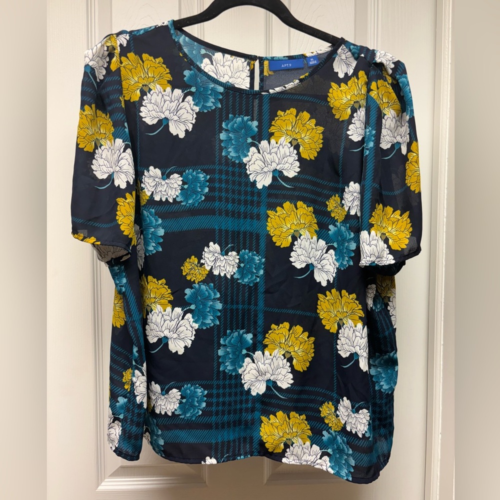 APT.9 XL Floral Print Blouse Navy Yellow Teal White Short Sleeve